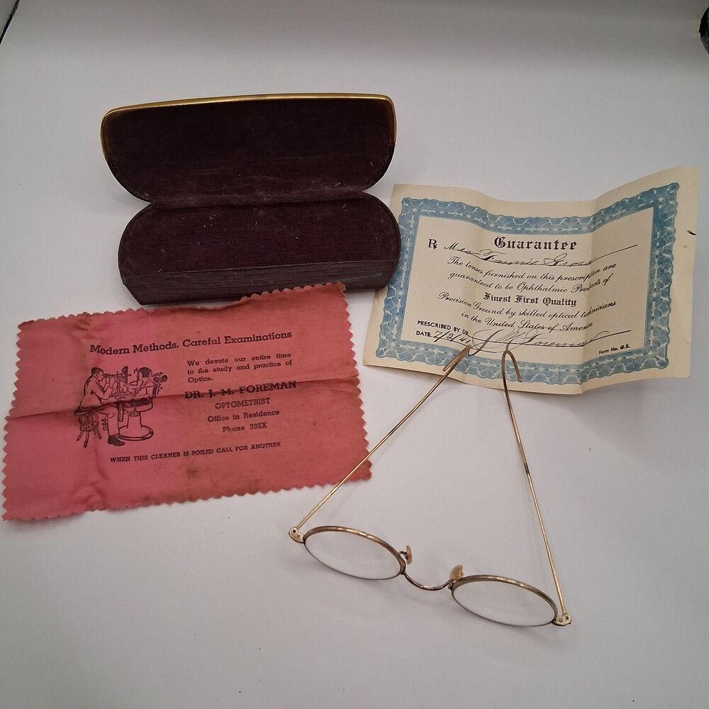 Antique 1950 12K 1/10 Gold Filled Spectacles Wire Frame Glasses w Case Cloth